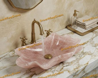 Handcrafted Rose Quartz Leaf Vessel Sink, Natural Pink Gemstone Bathroom Basin
