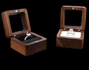 Walnut wood ring box with window, velvet ring case, engagement, wedding, ring box with magnetic closure, customizable