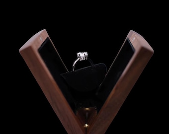 Walnut wood ring box with rotating mechanism, velvet-lined ring case, suitable for engagements, weddings, gift boxes, and ring holders with magnetic closure.