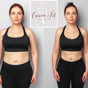 Puede incluir: Comparación lado a lado de una mujer con ropa deportiva negra. La imagen de la izquierda muestra a una mujer con una figura más completa, mientras que la imagen de la derecha muestra a la misma mujer con una figura más delgada. Un letrero con el texto "Curva Fit" está en el fondo.