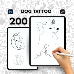 Op de afbeelding: Twee digitale tablets met hondentattoo-ontwerpen. Eén tablet toont een hond in een halve maan en een andere die omhoog kijkt. De tweede tablet toont een hond met een vlinder en een kleine hond. De tekst "DOG TATTOO" en "200" zijn zichtbaar.