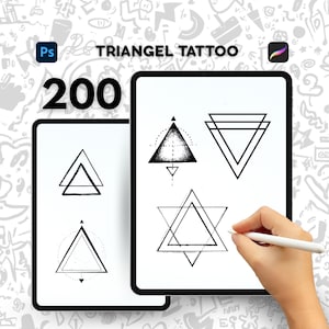 May include: Two digital tablets displaying triangle tattoo designs. The text "TRIANGEL TATTOO" and the number "200" are visible. One tablet shows a hand holding a stylus, illustrating the design process. The designs are black and white.