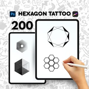 Może przedstawiać: Dwa tablety cyfrowe wyświetlające czarno-białe wzory tatuaży w kształcie sześciokąta. Widoczny jest również tekst "HEXAGON TATTOO" i liczba "200". Ręka trzyma rysik w pobliżu jednego z tabletów.