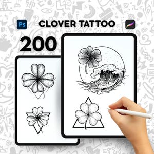 200 Clover Tattoo Stamps, Procreate Clover Tattoo Brushes, Lucky Tattoo Brushes, Photoshop Clover Tattoo Brushes, Minimal Tattoo, Digital