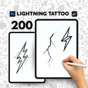 May include: Two digital tablets showing black lightning bolt tattoo designs. The text "LIGHTNING TATTOO" and the number "200" are visible. One tablet shows a hand holding a stylus. The background has a pattern of lightning bolt doodles.