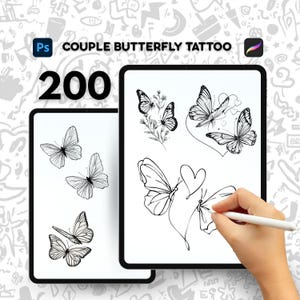 May include: Two digital tablets displaying butterfly tattoo designs. One tablet shows multiple butterfly illustrations, while the other features a variety of butterfly designs with hearts and floral elements. The text "COUPLE BUTTERFLY TATTOO" is visible.