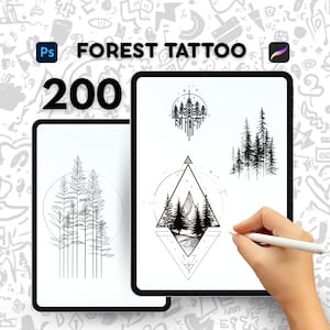 以下が含まれることがあります： 黒と白の森のタトゥーデザインを表示する2つのデジタルタブレット。「FOREST TATTOO」というテキストと数字の「200」が表示されています。1つのタブレットはスタイラスを使用する手を示しています。デザインには、木、幾何学的な形、山のイラストが含まれています。