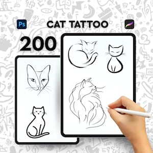May include: Two digital tablets displaying black line art cat tattoos. The text "CAT TATTOO" and the number "200" are visible. One tablet shows two cat designs, and the other shows two additional cat designs. A hand holds a stylus near one of the tablets.
