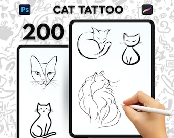 200 Cat Tattoo Stamps, Procreate Cat Tattoo Brushes, Cat Tattoo Brushes, Photoshop Cat Tattoo Brushes, Cat Tattoo, Digital