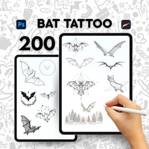 May include: Two digital tablets showcasing bat tattoo designs. The text "BAT TATTOO" and the number "200" are displayed. The designs feature diverse bat illustrations, some with geometric patterns and others in a classic style. A hand holds a stylus near one tablet.