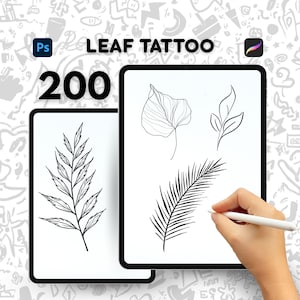 以下が含まれることがあります： 葉のタトゥーデザインを表示する2つのデジタルタブレット。1つのタブレットには詳細な葉のイラストが、もう1つには3つの異なる葉の輪郭が表示されています。「LEAF TATTOO」と「200」の文字も表示されています。