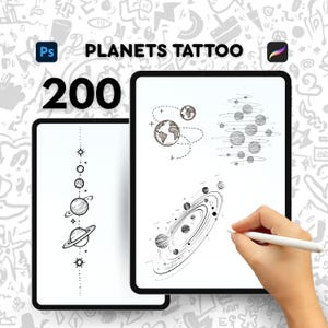 May include: Two digital tablets showcasing planet tattoo designs. One tablet displays a vertical planet design, the other shows multiple planet illustrations. The text "PLANETS TATTOO" and the number "200" are also visible.