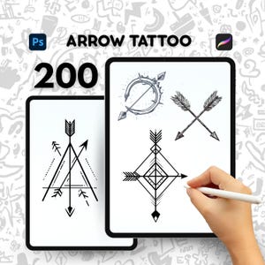 Puede incluir: Dos tabletas digitales que muestran diseños de tatuajes de flechas. Una tableta muestra un diseño geométrico de flecha, mientras que la otra muestra tres ilustraciones de flechas diferentes. El texto "ARROW TATTOO" y el número "200" también son visibles.