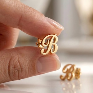 Solid Gold Script Initial Ohrringe | Minimalistische Alphabet Ohrstecker 10K/14K