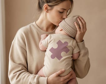 Completo coordinato mamma e bebè "Puzzle a forma di cuore" - Completo oversize coordinato in cotone biologico - Felpa e body per neonati - Regalo per neonati