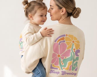 Mother and Child Matching Sweatshirt “Keep Growing” Made from Organic Cotton – Mommy & Me Oversized Matching Pullover – Gift for Mother and Baby
