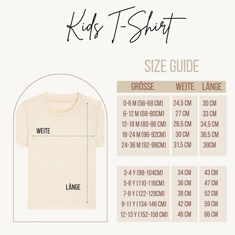 May include: A beige kids t-shirt displayed with a size guide chart. The chart lists sizes from 0-6 months to 12-13 years, providing width and length measurements in centimetres for each size category, with labels indicating how to measure the shirt.