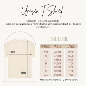 May include: A cream-coloured t-shirt size guide graphic featuring the text Unisex T-Shirt and SIZE GUIDE. A table lists sizes from XXS to XXL with corresponding width and length measurements in centimetres, ranging from 45.5 cm to 63.5 cm wide.