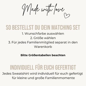 K&ouml;nnte beinhalten: Eine Infografik mit schwarzem und beigem Text. Oben steht Made with love mit einem Herzsymbol. Darunter folgen Anweisungen zur Bestellung eines Sets auf Deutsch, ein Hinweis zur Beachtung der Gr&ouml;&szlig;entabellen und ein abschlie&szlig;ender Text.