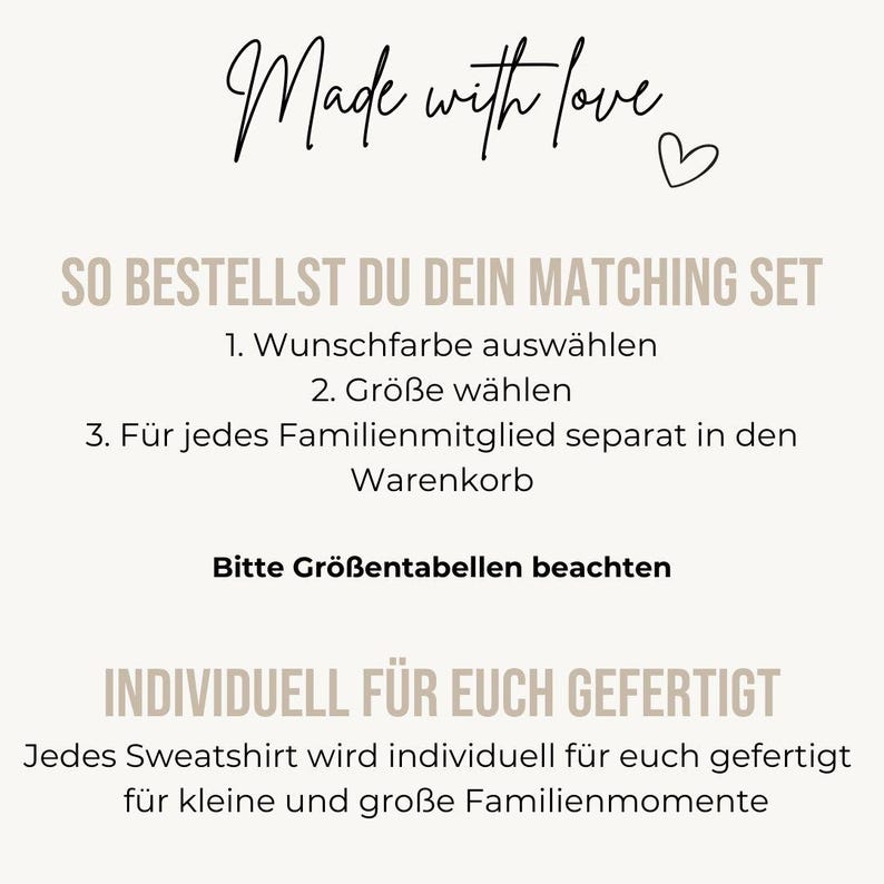 K&ouml;nnte beinhalten: Eine Infografik mit schwarzem und beigem Text. Oben steht Made with love mit einem Herzsymbol. Darunter folgen Anweisungen zur Bestellung eines Sets auf Deutsch, ein Hinweis zur Beachtung der Gr&ouml;&szlig;entabellen und ein abschlie&szlig;ender Text.