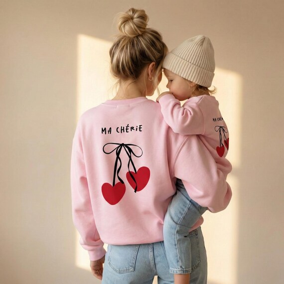 Partnerlook Bio Sweatshirt "Ma Cherie" - Oversized Matching Set Mama Kind -Family Outfit Backprint - Nachhaltiges Geschenk Mutter und Baby