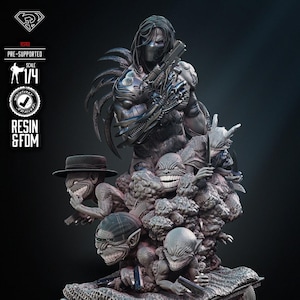 May include: A detailed resin statue featuring a figure holding a gun, standing above a cluster of grotesque creatures. The statue is pre-supported and scaled at 1/4. The base is a detailed, textured surface. The statue is dark gray.