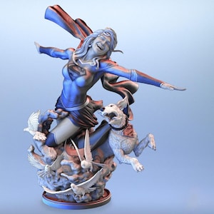 May include: A detailed figurine of a superheroine in a dynamic pose, with a flowing cape and a smiling expression. The figure is in a blue and red costume, with a dog and several doves at the base.