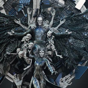 Puede incluir: Estatua detallada de resina y FDM con personajes de "Doctor Strange in the Multiverse of Madness". La estatua representa múltiples figuras, incluyendo un personaje central con múltiples brazos, rodeado de calaveras y otras figuras. La base incluye el título de la película.