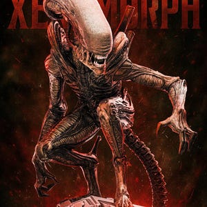 May include: A detailed sculpture of a Xenomorph creature, with the word "Xenomorph" in red text above. The alien is brown and tan, with a long head, sharp teeth, and a segmented tail. It is posed on a metallic base.