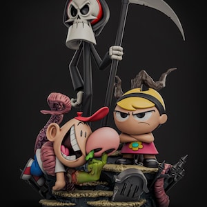 Peut inclure: Un ensemble de figurines de collection représentant un squelette en robe noire à capuche tenant une faux, un garçon au nez proéminent avec une casquette rouge, et une fille blonde en robe rose, sur un socle avec une pierre tombale marquée RIP.