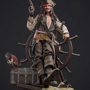 May include: A detailed figurine of a pirate, holding a pistol and leaning on a ship's wheel. The pirate wears a tricorn hat, vest, and boots. A treasure chest and a monkey are also present. The color palette includes browns, tans, and reds.