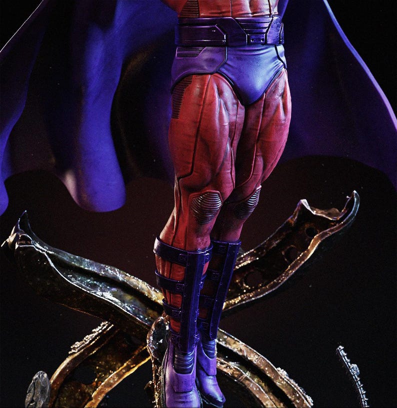 May include: A detailed action figure of a superhero, featuring a red and purple costume with a flowing cape. The figure is posed dynamically, showcasing muscular legs and boots. The base is a metallic, ornate design.