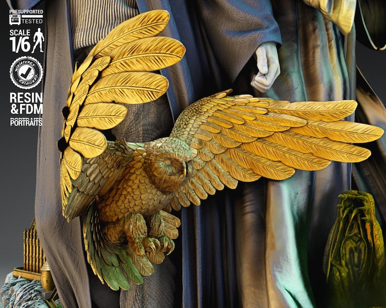 May include: A detailed resin statue of an owl with outstretched wings, featuring gold and green coloration. The owl is part of a larger figure, with a dark blue and gray background. The statue is labeled "Scale 1/6" and "Resin & FDM Portraits".