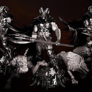 May include: A grayscale image of three figures in horned helmets and capes, each holding a large axe. They stand atop creatures with wolf-like features. The figures are muscular and wear armor, creating a fantasy theme.