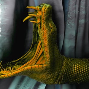May include: A detailed sculpture of a snake's head with an open mouth, showcasing sharp teeth and a vibrant orange interior. The snake's scales are a textured green and yellow. The image includes text that reads "PRE-SUPPORTED & TESTED", "SCALE 1/6", and "RESIN & FDM PORTRAITS".