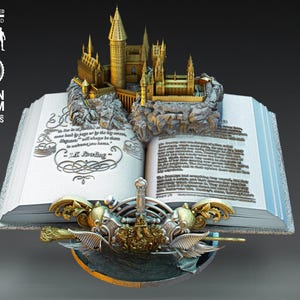 May include: A detailed sculpture of Hogwarts Castle atop an open book. The book features text and a quote by J.K. Rowling. The base includes a golden emblem with wings. The model is resin and FDM, scale 1/6.