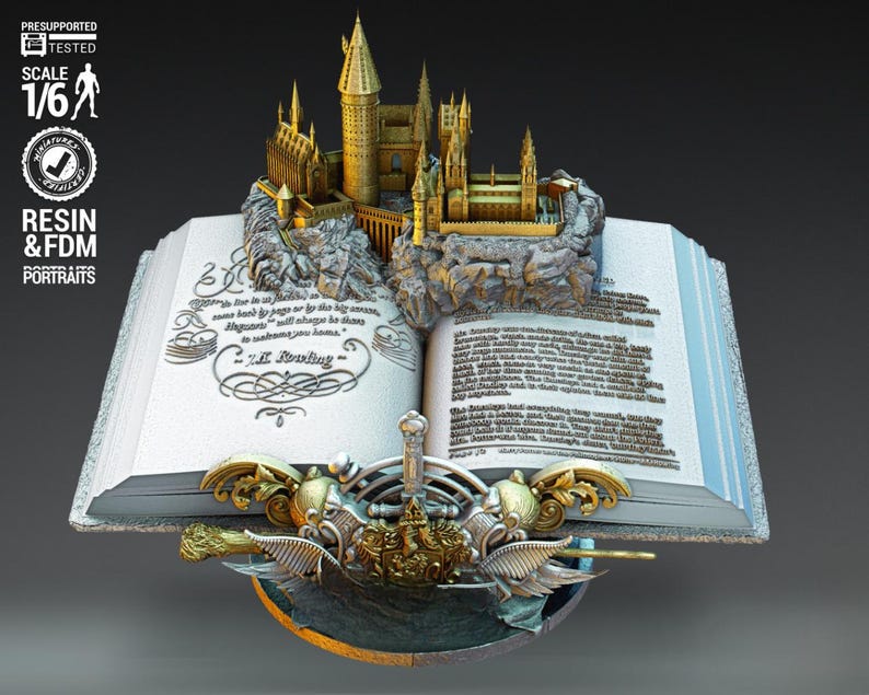 May include: A detailed sculpture of Hogwarts Castle atop an open book. The book features text and a quote by J.K. Rowling. The base includes a golden emblem with wings. The model is resin and FDM, scale 1/6.