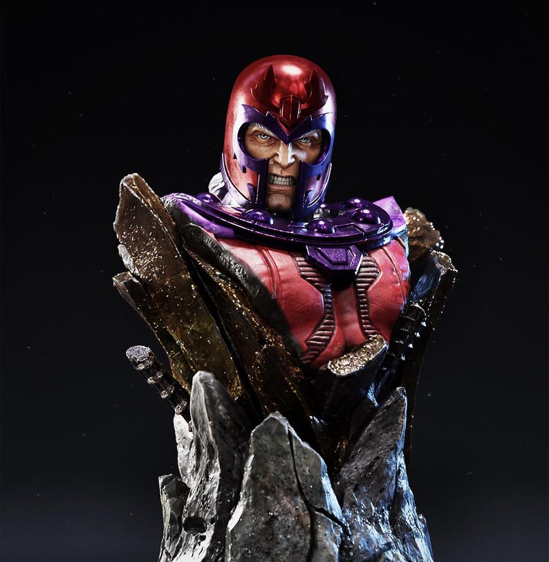 May include: A detailed bust of a character wearing a red and purple helmet and armor. The character has a stern expression and is set against a dark background. The bust is mounted on a rocky, textured base.