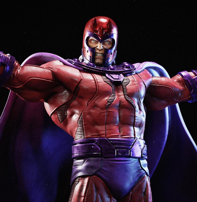 May include: A detailed figurine of a character in a red and purple costume with a helmet. The figure has a muscular physique and is posed with arms outstretched. The cape is a deep purple color.