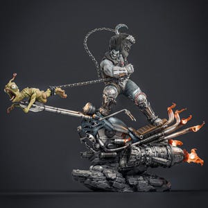May include: A detailed figurine of a character riding a futuristic motorcycle, with flames emitting from the exhaust. The character is chained to a green alien. The figurine is set on a rocky base against a dark background.