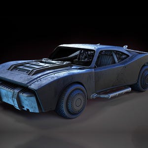 Puede incluir: Un coche negro mate de aspecto blindado. El vehículo tiene un parachoques delantero grande, una prominente toma de aire en el capó y una jaula antivuelco. Las ruedas son negras con un diseño único y el coche tiene un escape lateral. El coche está sobre un fondo oscuro.