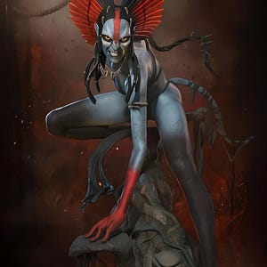 May include: A digital illustration of a humanoid figure with blue skin, red accents, and a menacing expression. The figure is posed on a stone structure, wearing a headdress with red and black details. The overall theme is fantasy or mythological.