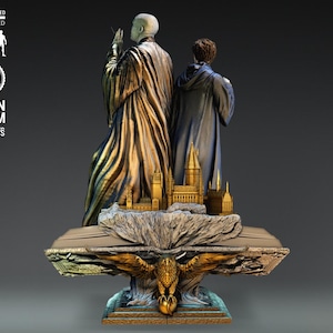 May include: A detailed resin statue featuring two figures in robes, with a miniature castle and a golden eagle base. The statue is a 1/6 scale model, with the words "Resin & FDM Portraits" visible.