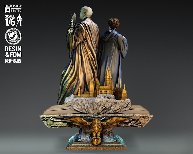 May include: A detailed resin statue featuring two figures in robes, with a miniature castle and a golden eagle base. The statue is a 1/6 scale model, with the words "Resin & FDM Portraits" visible.
