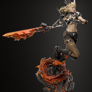 May include: A detailed figurine of a female warrior in a dynamic pose, wielding a large orange and black sword. She wears black and silver armour, with blonde hair and is posed on a fiery, rocky base. The overall theme is fantasy.