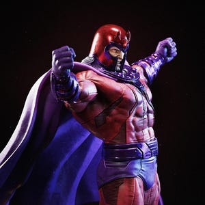 May include: A detailed figurine of a superhero in a red and purple costume, with a red helmet and a purple cape. The figure is posed with arms raised, showcasing a muscular physique. The background is dark.