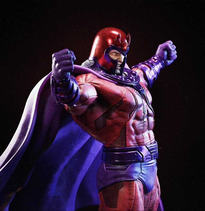 May include: A detailed figurine of a superhero in a red and purple costume, with a red helmet and a purple cape. The figure is posed with arms raised, showcasing a muscular physique. The background is dark.