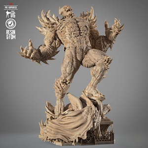 May include: A beige resin statue of a muscular, horned figure in a dynamic pose. The statue is on a decorative base with intricate details. The image includes text indicating it is pre-supported and made of resin and FDM.