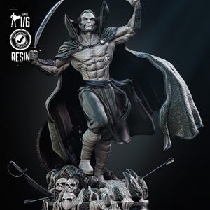 May include: A resin statue of a muscular, pale-skinned figure with a flowing cape, holding a sword. The statue is posed dynamically atop a detailed base with skulls and weapons. The text "SCALE 1/6" and "RESIN" are visible.