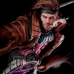 Op de afbeelding: Gedetailleerd actiefiguur van Gambit uit de X-Men. Het figuur staat in een dynamische pose, gekleed in een bruine trenchcoat, zwarte en roze bepantsering en een zwarte hoofdband. Hij heeft bruin haar en rookt een sigaret.